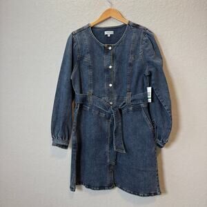 Habitual Fit and Flare‎ Long Sleeve Denim Blue Jean Tie Waist Dress Size L NEW